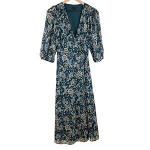 Ann Taylor Teal Floral Printed V-Neck Tie Waist Wrap Flare Midi Dress